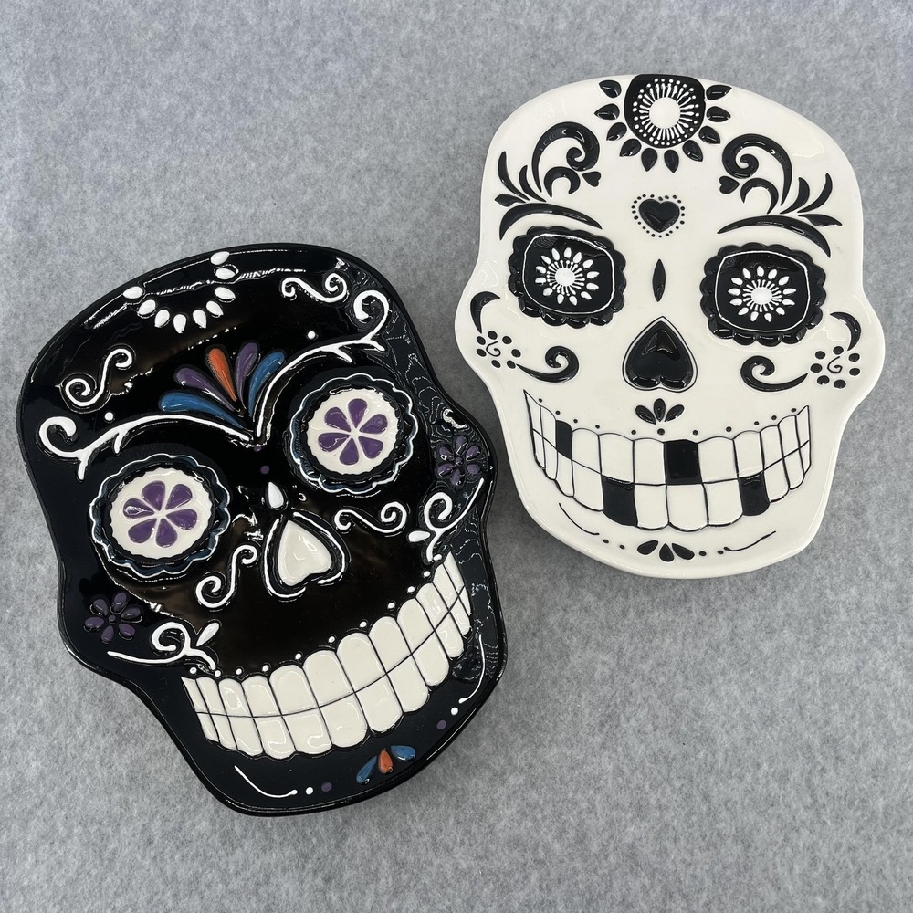 Sugar Skull Ceramic Serving Trays Set Of 2 Black White Halloween Decor Folk Art